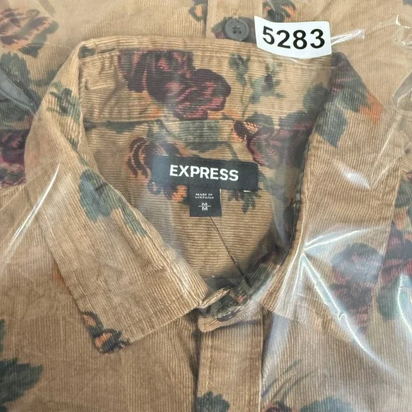 Express Button Down Shirt Womens Corduroy Floral Rose Tan Burgundy Green Medium - Picture 12 of 12